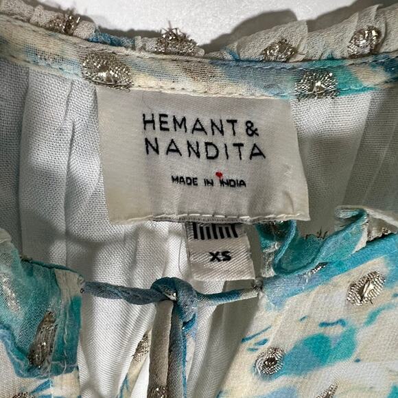 Hemant & Nandita Blue Floral Georgette Metallic Mini Dress XS Sheer *Read - Picture 9 of 11